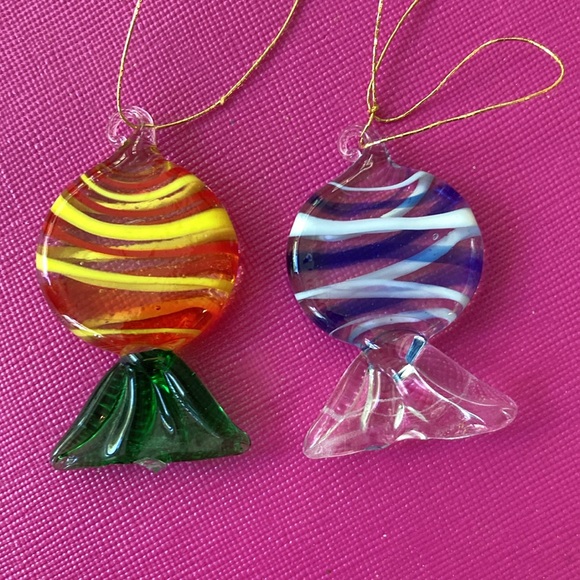 Vintage hand blown glass lollipop ornaments set of 5 plus 2 w stick missing - Picture 7 of 8